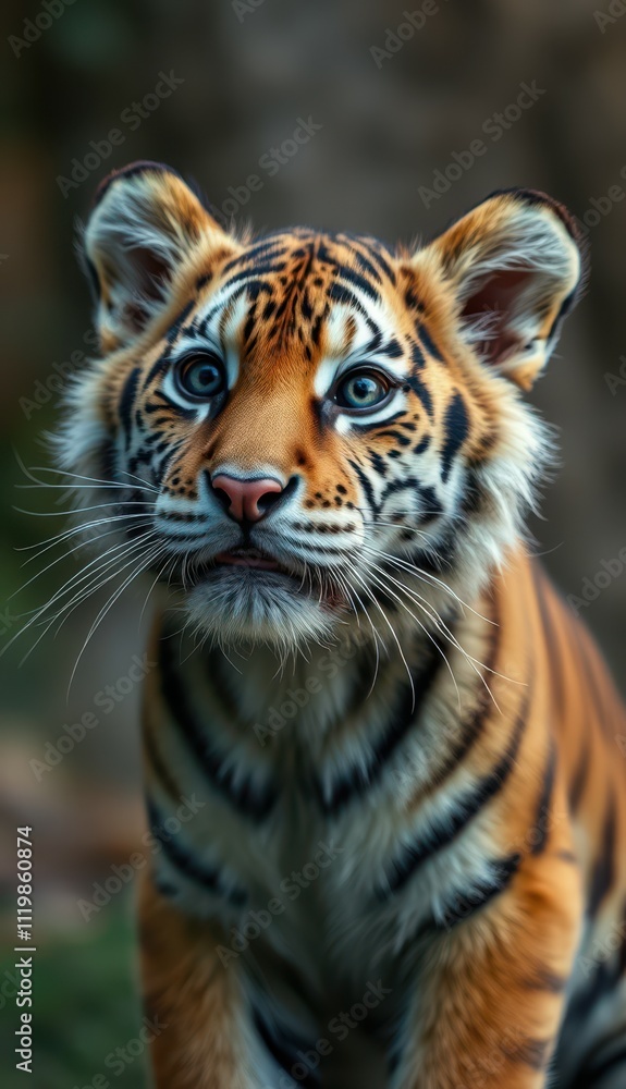 Naklejka premium Striking portrait of a young tiger captured in a lush jungle habitat during daylight