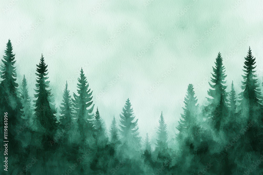 Fototapeta premium A misty forest scene with dark green coniferous trees silhouetted against a soft, foggy background.