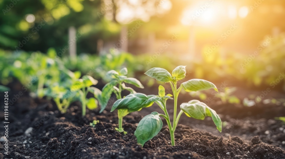 Young plants growing in garden soil at sunset. Young plants growing in garden soil at sunset.