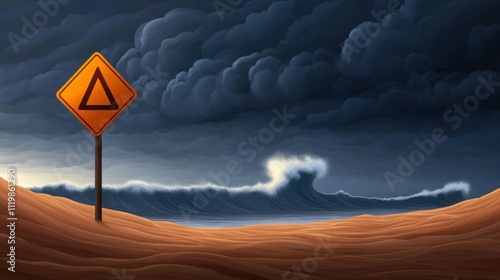 a vector art of a tsunami warning sign on a deserted beach, ominous clouds forming in the background