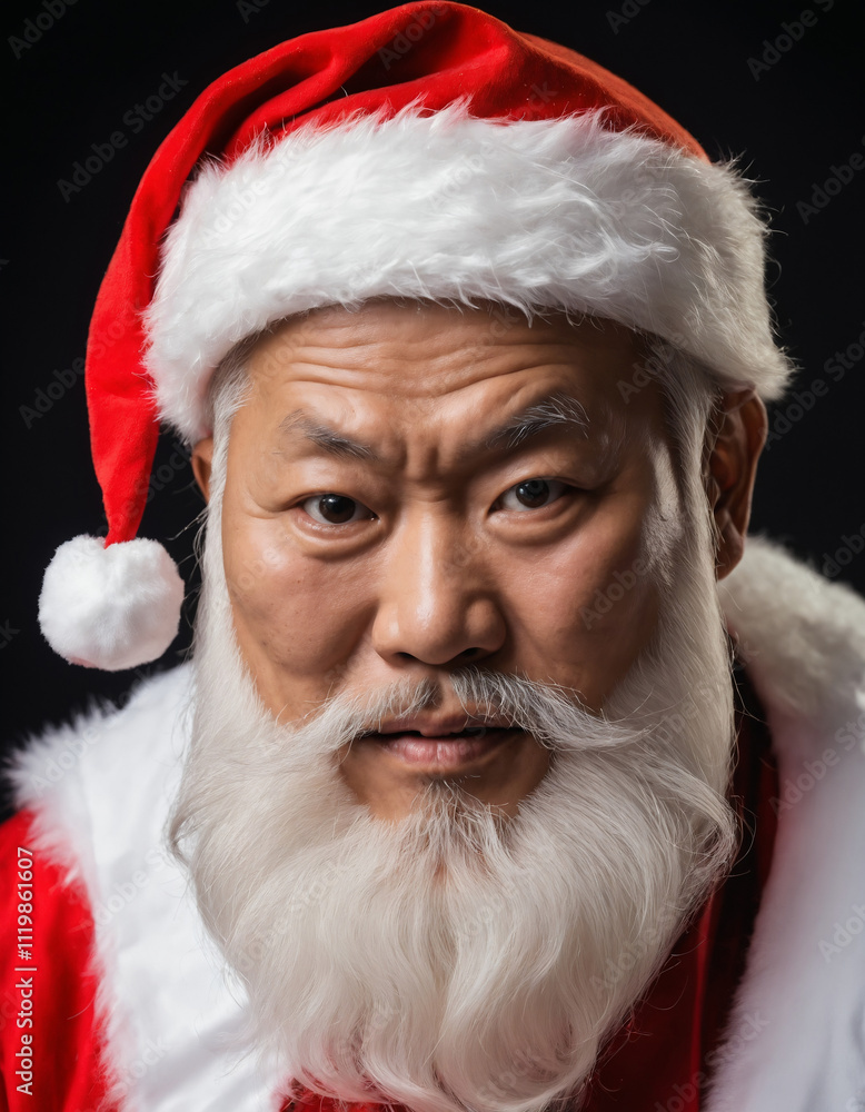 Close-Up of Asian Santa Claus with a 'Disappointed in You' Expression, Festive and Emotional Portrait Close-Up of Asian Santa Claus with a 'Disappointed in You' Expression, Festive and Emotional Portrait