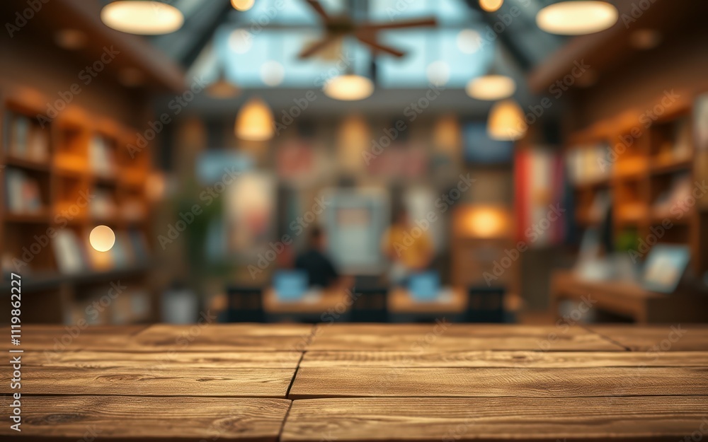 Cozy interior of a library workspace with wooden table and warm lighting Cozy interior of a library workspace with wooden table and warm lighting