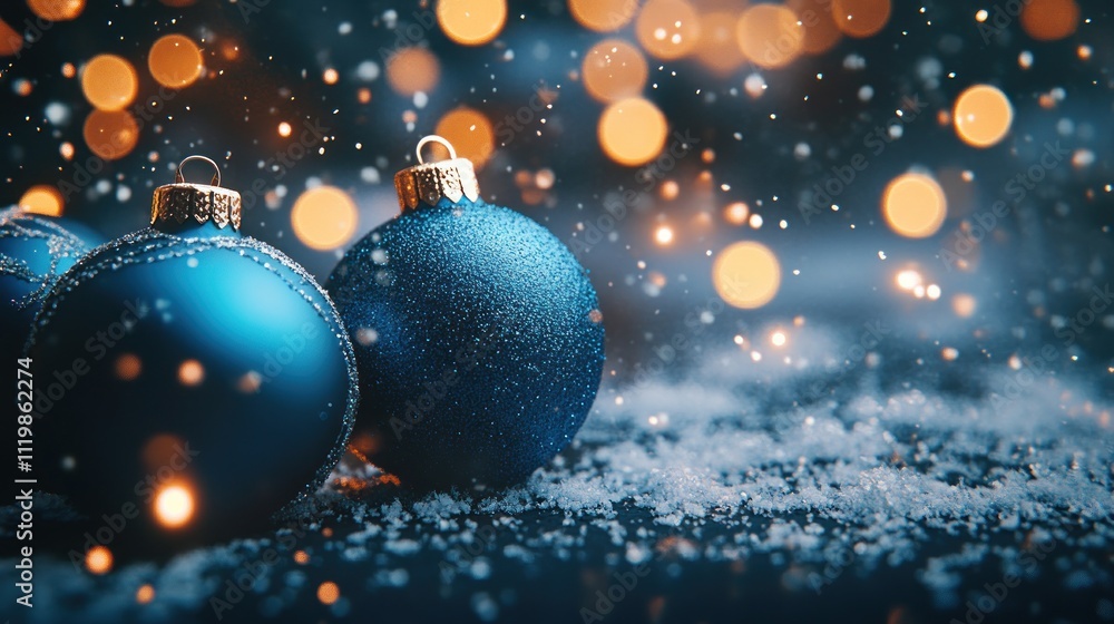 Three blue Christmas ornaments with snowflakes falling in front of a bokeh background of warm yellow lights. Three blue Christmas ornaments with snowflakes falling in front of a bokeh background of warm yellow lights.