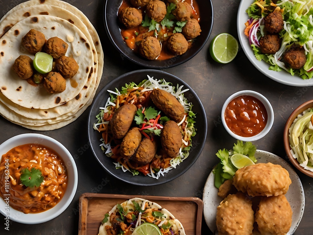 Assorted Spicy Vegan Dishes With Flatbreads and Sauces Assorted Spicy Vegan Dishes With Flatbreads and Sauces