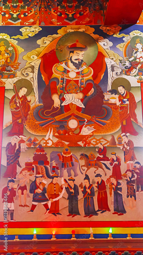 Detailed mural of a Buddhist deity symbolizing wisdom and compassion, Tawang Monastery, Arunachal Pradesh, India. Detailed mural of a Buddhist deity symbolizing wisdom and compassion, Tawang Monastery, Arunachal Pradesh, India.