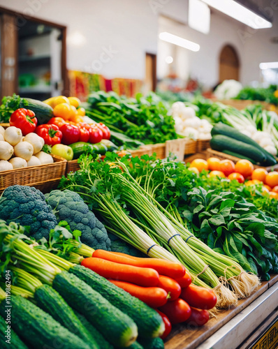 Organic Vegetables Displayed on Wooden Counter at a Bustling Traditional Market Featuring Fresh Seasonal Produce