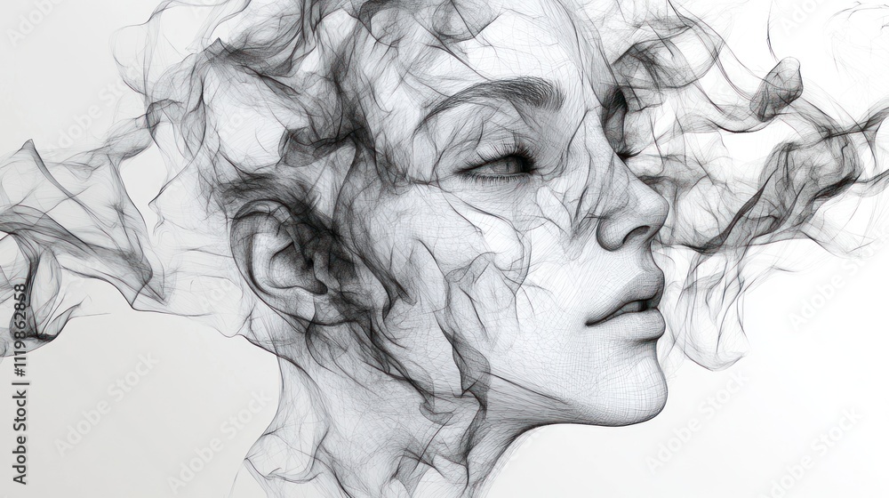 Fototapeta premium A black and white illustration of a woman's face with smoke-like wisps of hair.