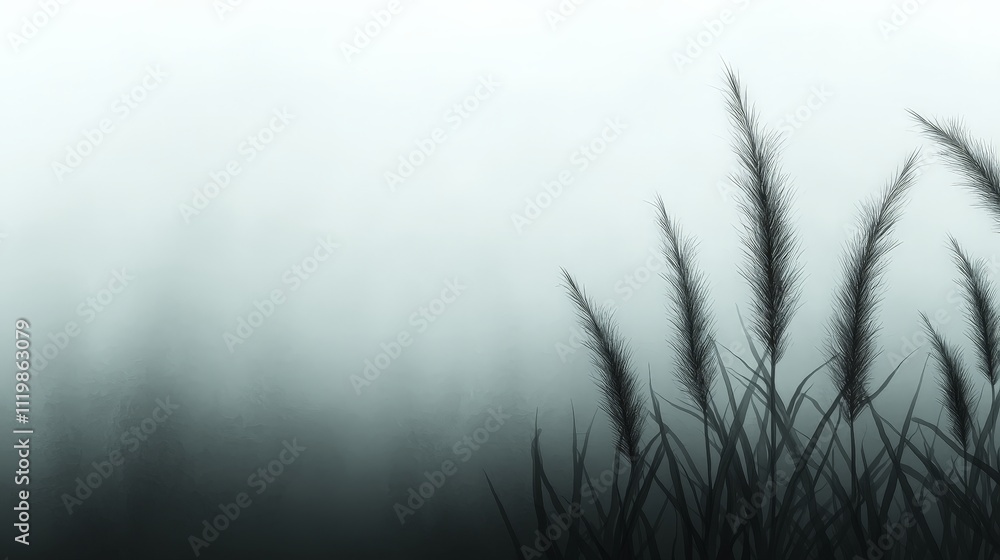 Silhouetted grass blades in misty, foggy field. Silhouetted grass blades in misty, foggy field.
