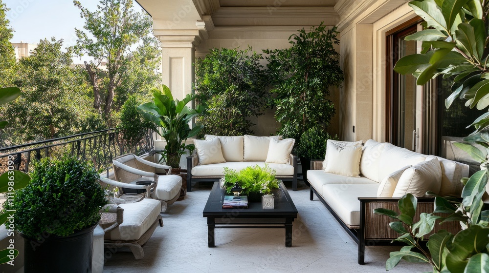 Obraz premium A serene residential balcony with elegant sofas, a sleek table, chairs, and a variety of green plants, providing a peaceful retreat