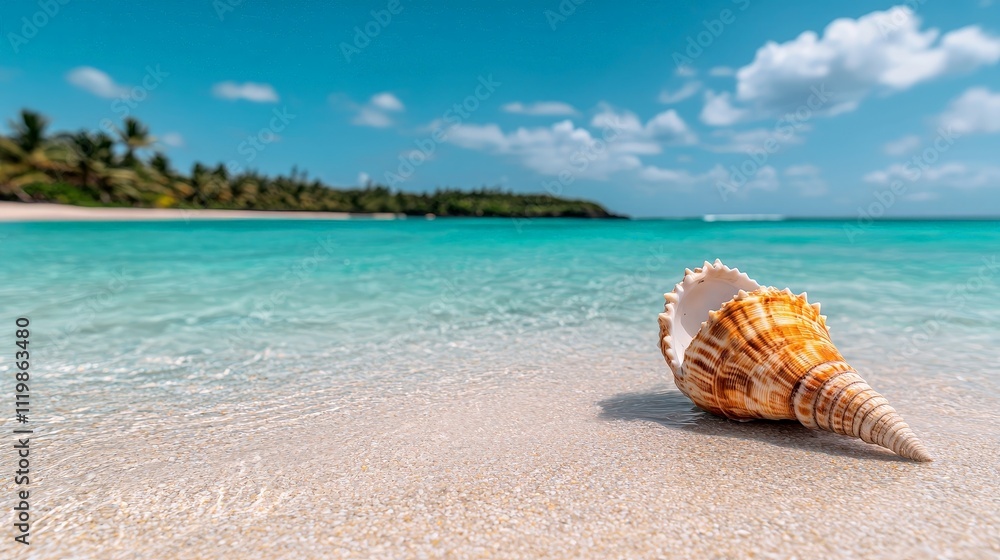 Seashell on pristine beach, turquoise water, tropical paradise. Seashell on pristine beach, turquoise water, tropical paradise.