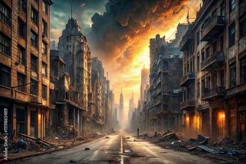 Empty street of burnt up city. Apocalyptic view of city downtown as disaster film poster concept. City destroyed by war