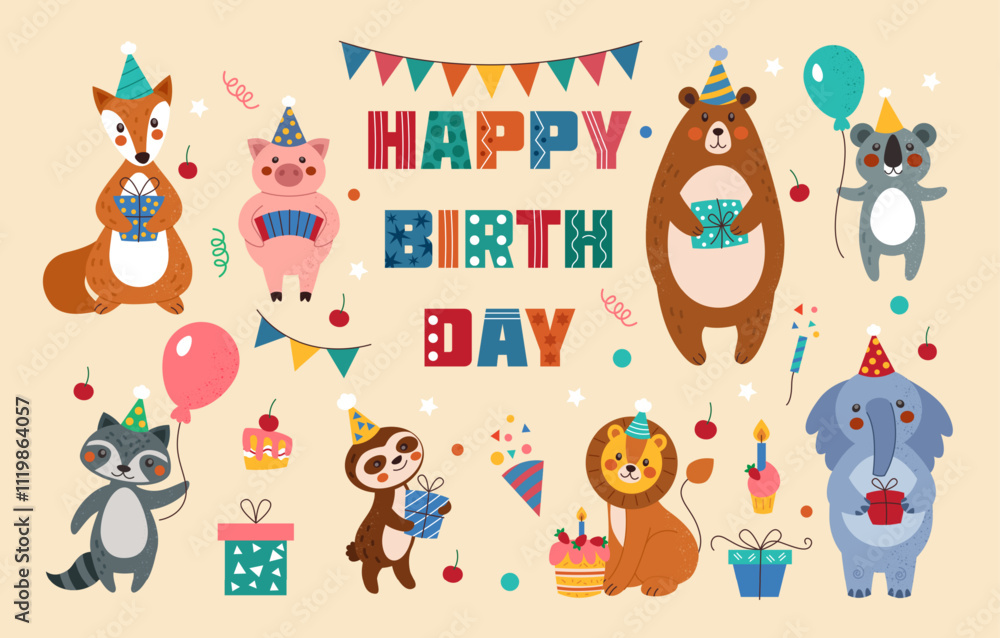 Fototapeta premium Birthday party. Happy cartoon animals. Cute bear and monkey. Festive gifts. Hats and balloons. Congratulation lettering poster. Holiday cake. Kids anniversary celebration. Vector tidy greeting card