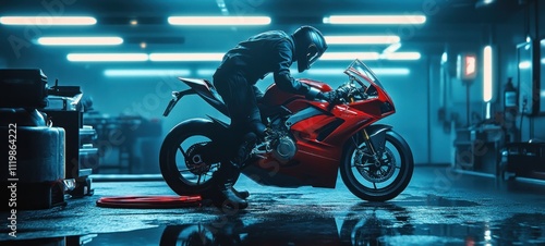 Night Rider: A Red Ducati Superbike in a Garage