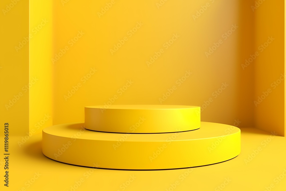 A minimalist yellow display with two circular platforms for showcasing products or art. A minimalist yellow display with two circular platforms for showcasing products or art.