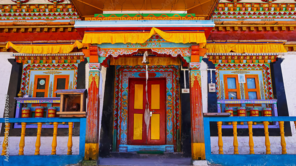 Entrance of the sacred Taktsang Gompa surrounded by tranquil scenery, Tawang, Arunachal Pradesh, India. Entrance of the sacred Taktsang Gompa surrounded by tranquil scenery, Tawang, Arunachal Pradesh, India.