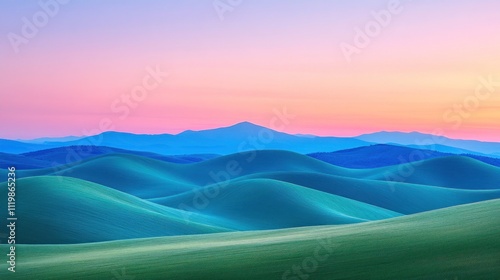 A panoramic view of rolling hills at sunset, with a soft, colorful sky.