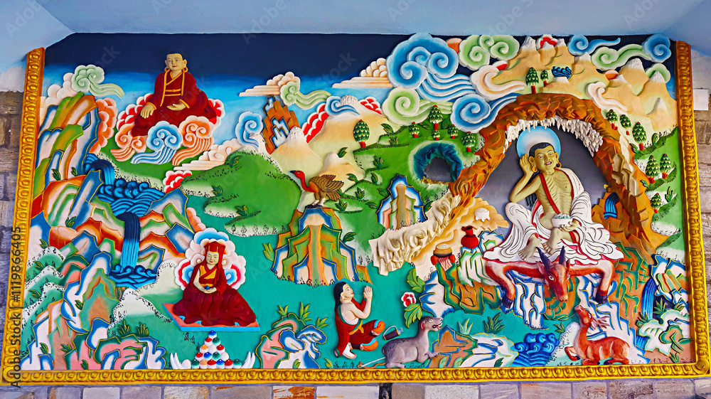 Intricate carvings depicting stories from Lord Buddha's life on the walls of Thupsung Dhargye Ling Monastery, Dirang, West Kameng, Arunachal Pradesh, India. Intricate carvings depicting stories from Lord Buddha's life on the walls of Thupsung Dhargye Ling Monastery, Dirang, West Kameng, Arunachal Pradesh, India.