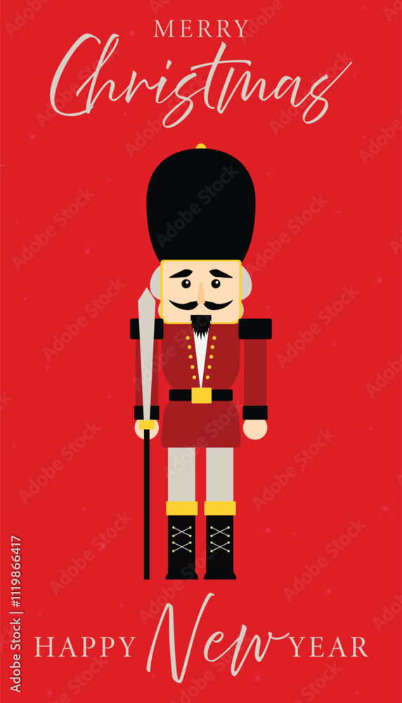 Christmas nutcracker soldier with sword. Antique traditional figurine doll. Vector Christmas illustration in Scandinavian style. Cute nutcracker with mistletoe, Christmas holiday greeting card.