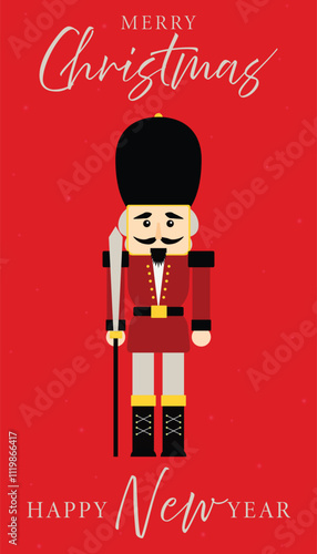 Obraz na płótnie Christmas nutcracker soldier with sword. Antique traditional figurine doll. Vector Christmas illustration in Scandinavian style. Cute nutcracker with mistletoe, Christmas holiday greeting card. w salonie