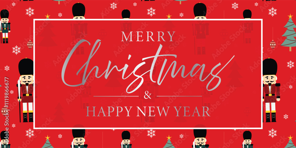 Christmas nutcracker soldier with sword. Antique traditional figurine doll. Vector Christmas illustration in Scandinavian style. Cute nutcracker with mistletoe, Christmas holiday greeting card.