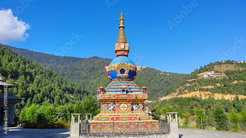Cuadro en lienzo Vibrant blue Gompa situated near Thupsung Dhargye Ling Monastery, Dirang, West Kameng, Arunachal Pradesh, India