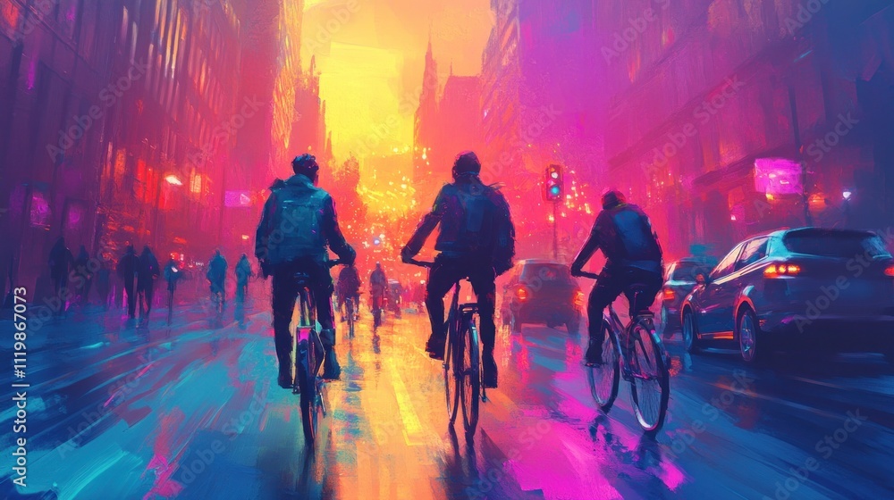 Three cyclists ride down a city street at sunset with neon lights.