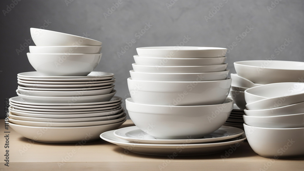 Stacks of white dishes and bowls are on a wooden surface.
Stacks of white dishes and bowls are on a wooden surface.