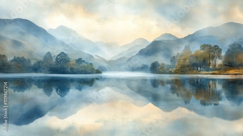 A serene, misty lake surrounded by mountains at sunrise, reflecting the sky in its still waters.