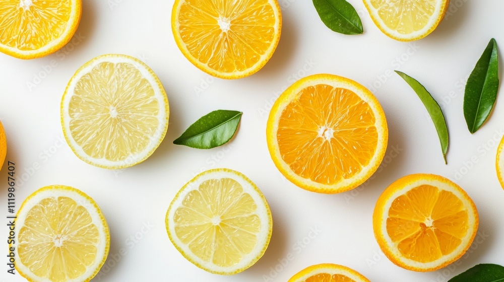 Sliced lemons and oranges with green leaves on white background Sliced lemons and oranges with green leaves on white background