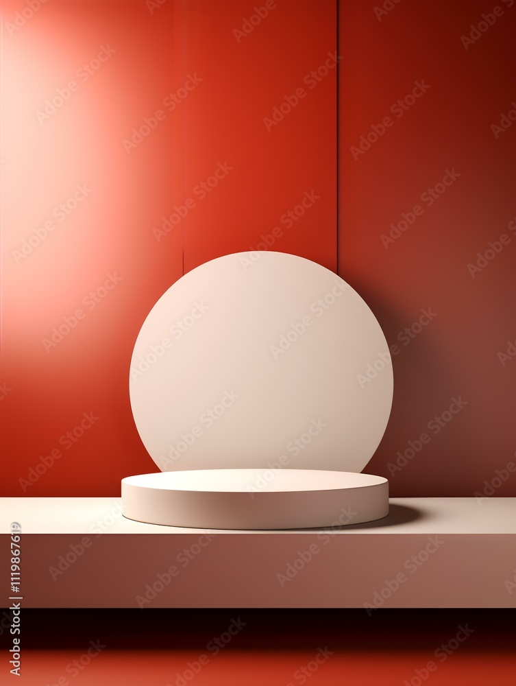 A minimalistic display platform against a red background for showcasing products or art. A minimalistic display platform against a red background for showcasing products or art.