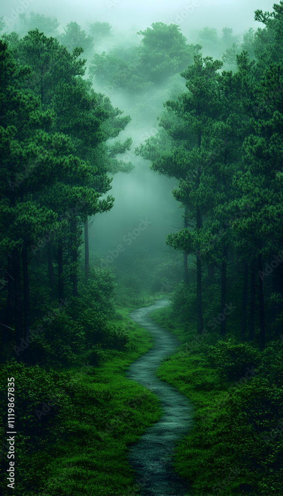 Misty forest path winding through lush green trees. Misty forest path winding through lush green trees.
