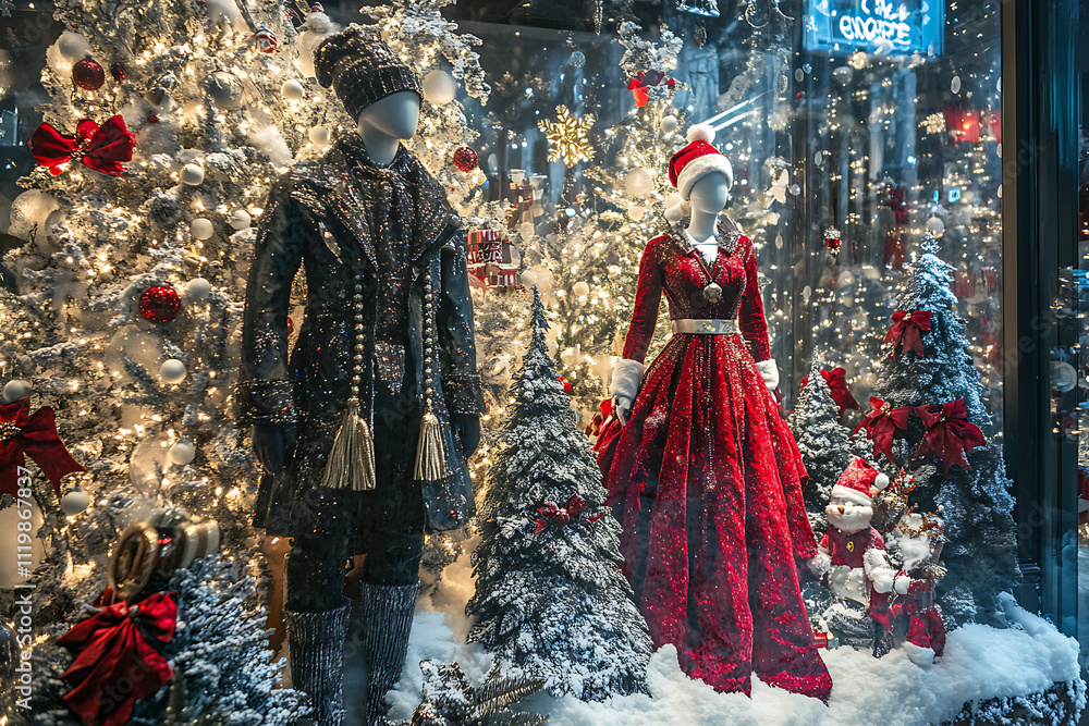 Naklejka premium Festive Holiday Window Display with Mannequins in Winter Attire Amid Christmas Decorations and Twinkling Lights,