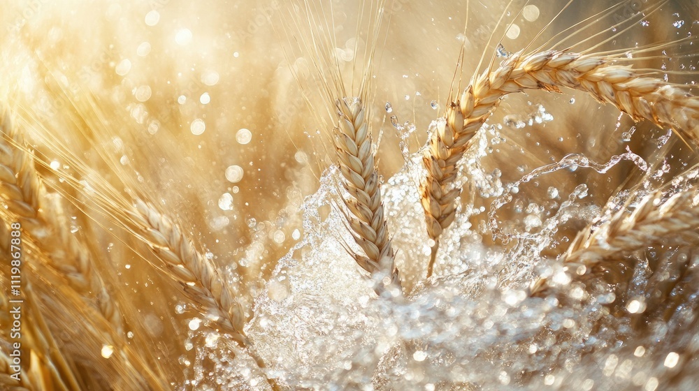 Vibrant Close-Up of Wheat Ears Being Sprayed with Water in a Sunny Field, Capturing the Essence of Agriculture and Nature's Beauty Under Soft Light