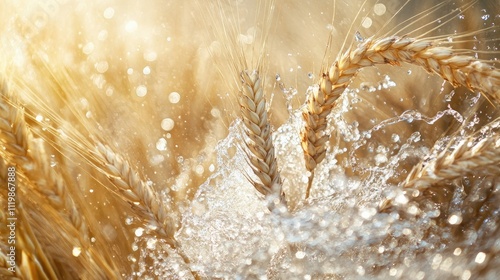 Obraz na płótnie Vibrant Close-Up of Wheat Ears Being Sprayed with Water in a Sunny Field, Capturing the Essence of Agriculture and Nature's Beauty Under Soft Light w salonie