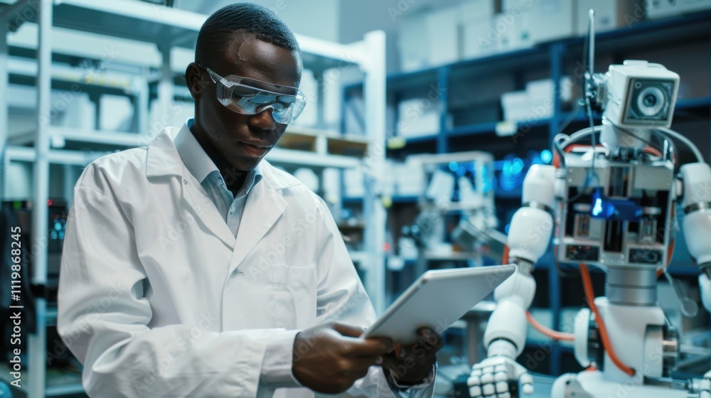 Vertical image of African American developer using tablet pc to control the robot in the lab Vertical image of African American developer using tablet pc to control the robot in the lab
