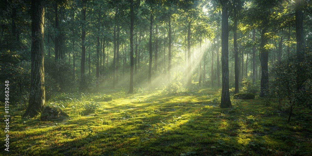 Obraz premium Sunlit Forest Misty Morning Green Trees Mossy Ground Nature Scene