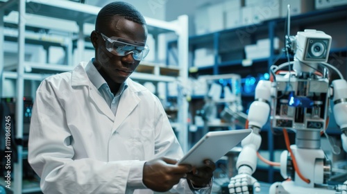 Vertical image of African American developer using tablet pc to control the robot in the lab