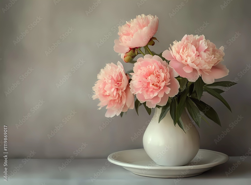 Photograph of pink peonies in a white ceramic vase on a grey background, in a minimalist style, with a pastel color palette, a simple composition, and natural lighting. Photograph of pink peonies in a white ceramic vase on a grey background, in a minimalist style, with a pastel color palette, a simple composition, and natural lighting.