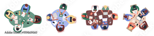 Meeting top view. Table council in office. Students collaborate, do business, teamwork. Brainstorm, discuss, negotiate together. Group brainstorming. Vector garish team cartoon isolated illustration
