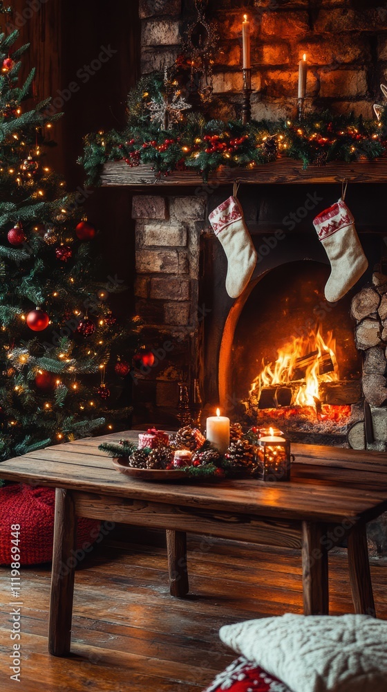 Rustic christmas table with fireplace and decorated tree Rustic christmas table with fireplace and decorated tree