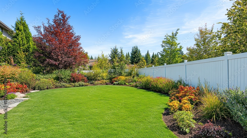 Obraz premium A beautifully landscaped backyard with vibrant plants and a well-maintained lawn.
