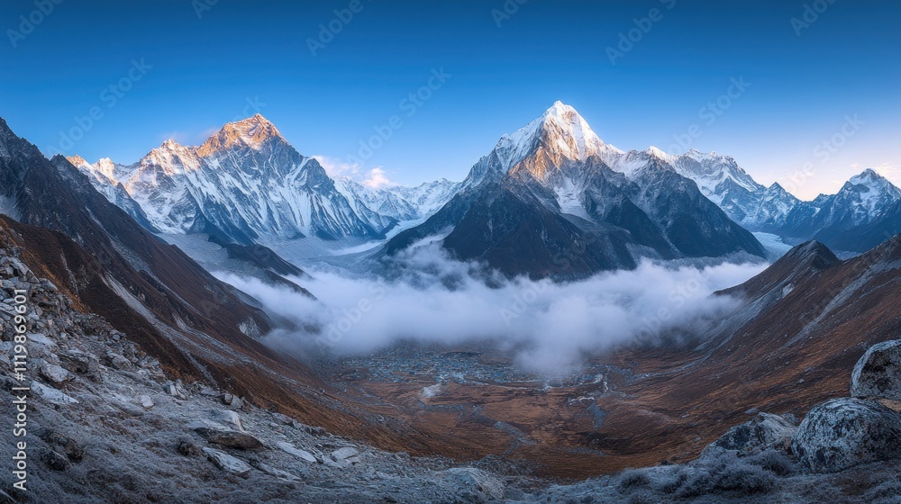 Obraz premium A breathtaking panoramic view of snow-capped mountains and valleys under a clear blue sky.