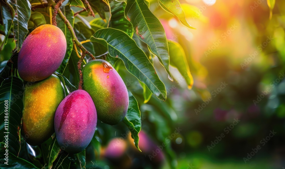 Lush branch bearing ripe mangoes, with vibrant colors and clear details with copy space. Lush branch bearing ripe mangoes, with vibrant colors and clear details with copy space.