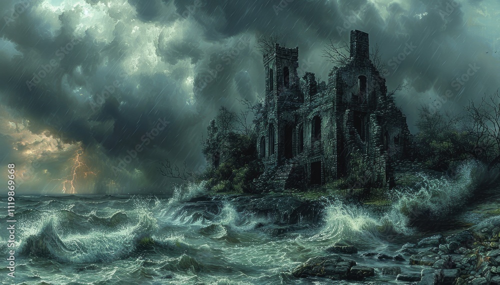 Stormy Seas Batter Ancient Castle Ruins