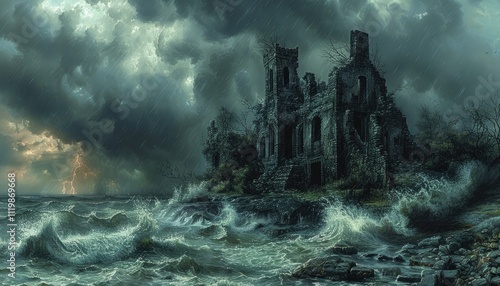 Stormy Seas Batter Ancient Castle Ruins