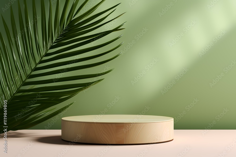 A minimalistic display with a wooden platform and a palm leaf against a soft green background. A minimalistic display with a wooden platform and a palm leaf against a soft green background.