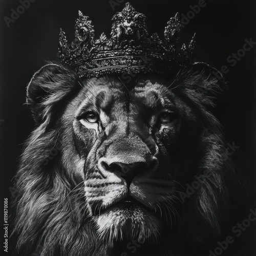 a lion head looking forward, his eyes are glowing, he is wearing a very large crown his head, black and grey pencil drawing, renaissance style photo