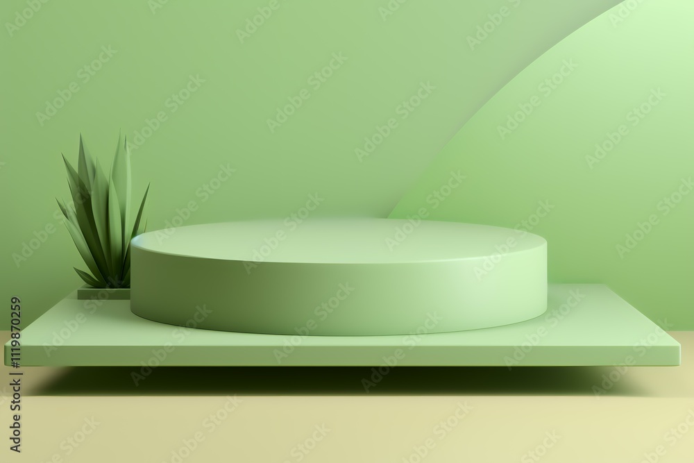 A minimalistic green display platform with a plant, suitable for showcasing products. A minimalistic green display platform with a plant, suitable for showcasing products.