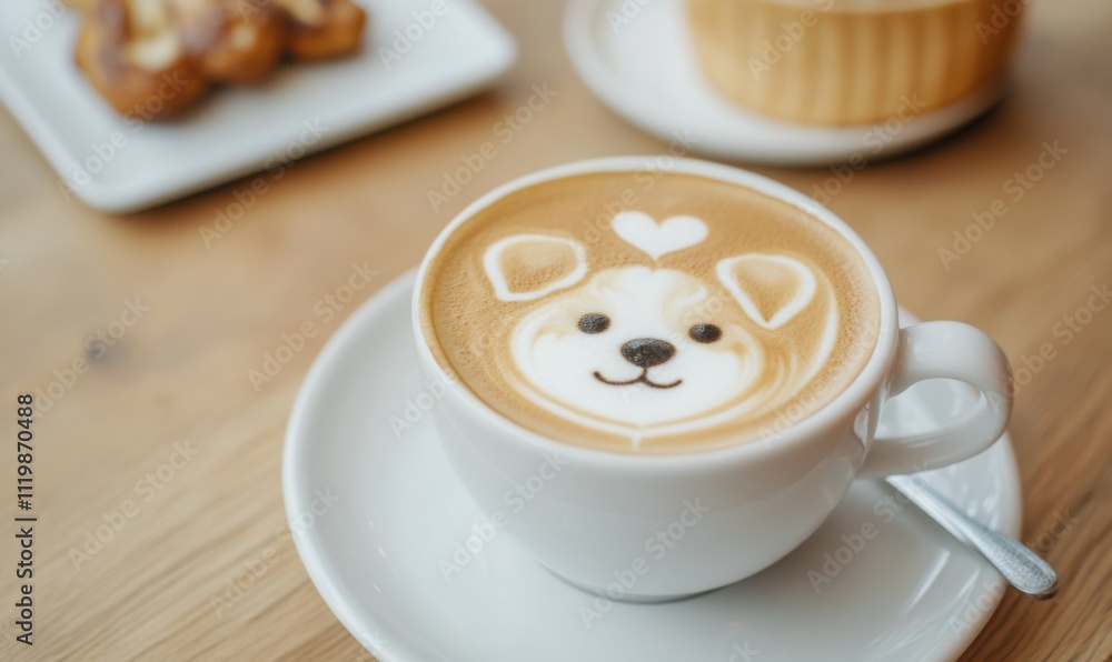 Obraz premium Macchiato with milk foam topped with latte art in the shape of a cute puppy, café interior