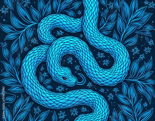 blue snake with flowers and leaves pattern on a dark background